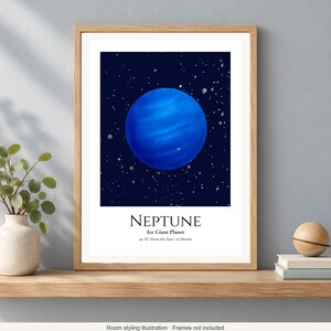 Puede incluir: Una l&aacute;mina de arte mural enmarcada con una ilustraci&oacute;n azul intenso del planeta Neptuno sobre un fondo estrellado oscuro. El texto dice NEPTUNE, Ice Giant Planet, 30 AU from the Sun | 16 Moons. La l&aacute;mina est&aacute; en un marco de madera clara.
