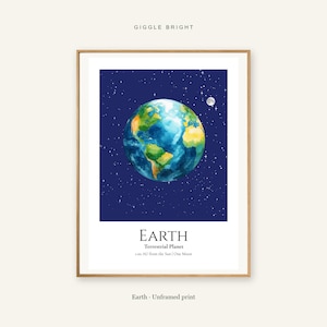 Earth Planet Print, Solar System Nursery Wall Art, A4 or A3 Unframed afbeelding 1