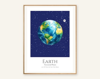 Earth Planet Print, Solar System Nursery Wall Art, A4 or A3 Unframed