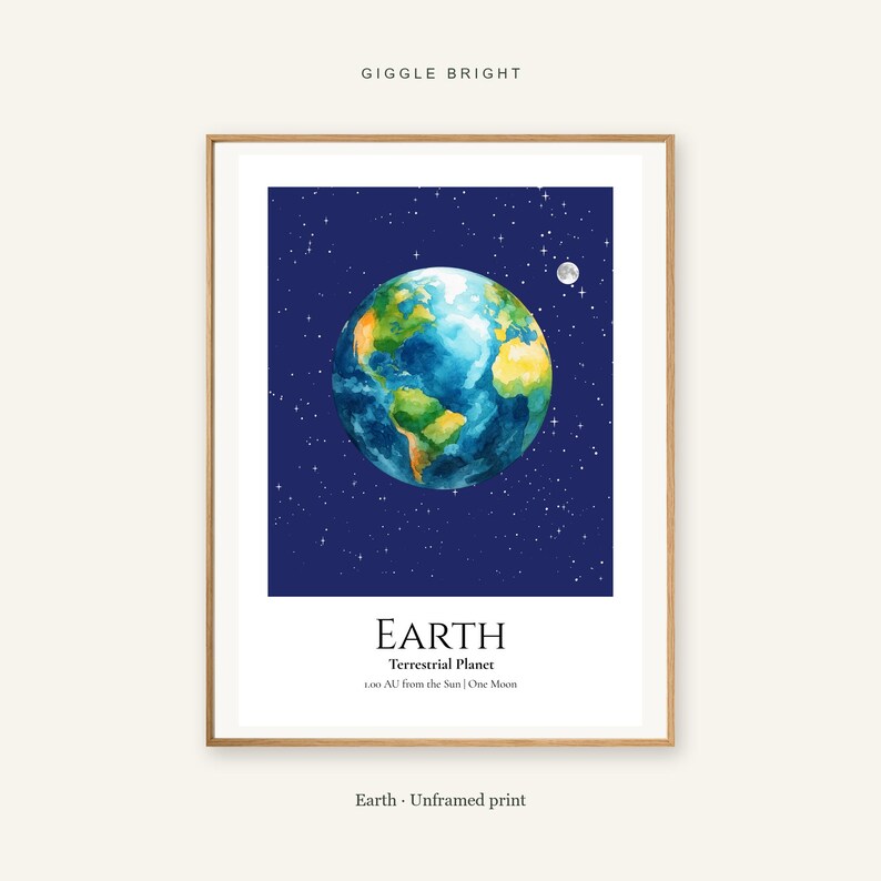 Earth Planet Print, Solar System Nursery Wall Art, A4 or A3 Unframed afbeelding 1