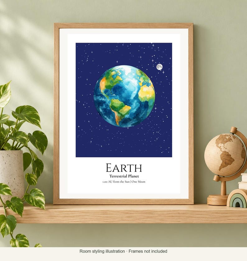 Earth Planet Print, Solar System Nursery Wall Art, A4 or A3 Unframed afbeelding 2