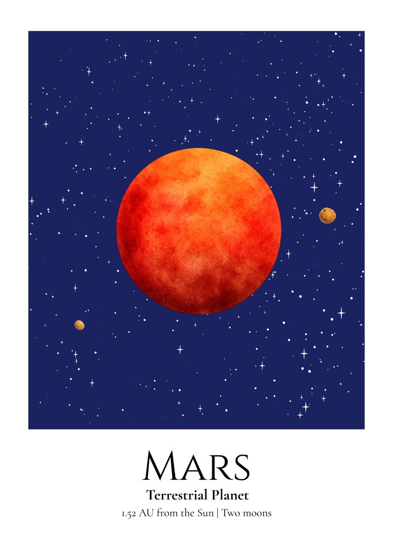 Mars Planet Print, Solar System Nursery Wall Art, A4 or A3 Unframed image 3