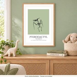 Puede incluir: Una l&aacute;mina enmarcada con la ilustraci&oacute;n de un esqueleto negro de pterod&aacute;ctilo sobre un fondo verde salvia. El texto dice PTERODACTYL, la pronunciaci&oacute;n fon&eacute;tica y datos hist&oacute;ricos que incluyen 150-145 millones de a&ntilde;os, Jur&aacute;sico Superior y Europa.