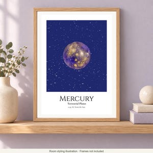 Mercury Planet Print, Solar System Nursery Wall Art, A4 or A3 Unframed afbeelding 2