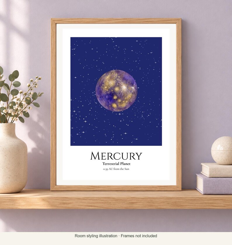 Mercury Planet Print, Solar System Nursery Wall Art, A4 or A3 Unframed afbeelding 2