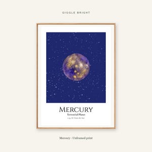 Mercury Planet Print, Solar System Nursery Wall Art, A4 or A3 Unframed afbeelding 1