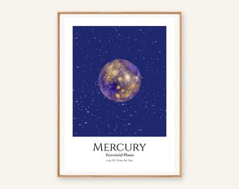 Mercury Planet Print, Solar System Nursery Wall Art, A4 or A3 Unframed