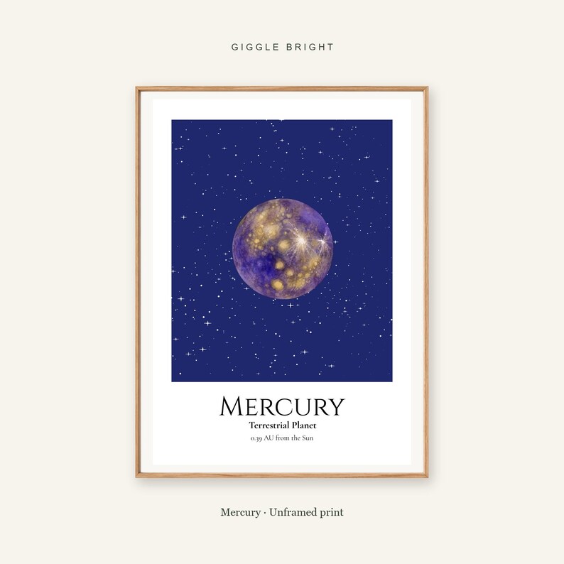 Mercury Planet Print, Solar System Nursery Wall Art, A4 or A3 Unframed afbeelding 1
