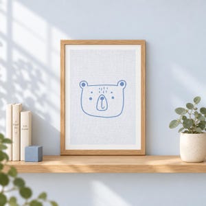 Blue Bear Nursery Print, Minimalist Animal Wall Art, A4 Unframed image 1