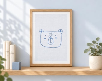 Blue Bear Nursery Print, Minimalist Animal Wall Art, A4 Unframed