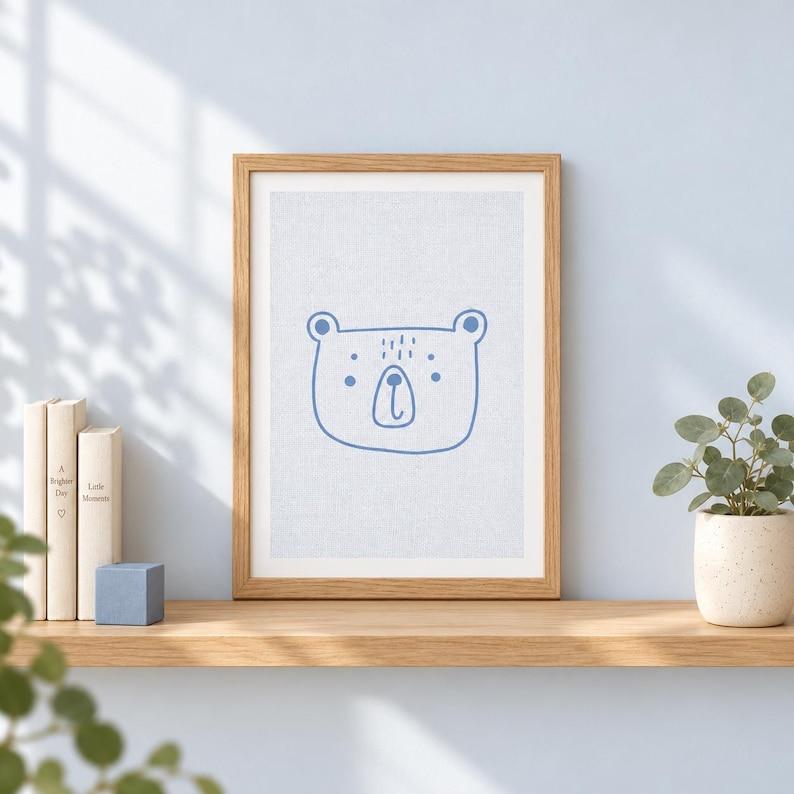 Blue Bear Nursery Print, Minimalist Animal Wall Art, A4 Unframed image 1