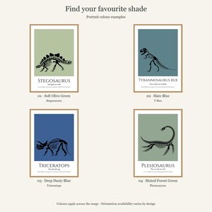 Puede incluir: Cuatro l&aacute;minas decorativas rectangulares con esqueletos de dinosaurios negros sobre fondos de colores. Las l&aacute;minas est&aacute;n etiquetadas como Stegosaurus en verde oliva suave, Tyrannosaurus Rex en azul pizarra, Triceratops en azul polvoriento y Plesiosaurus en verde bosque.