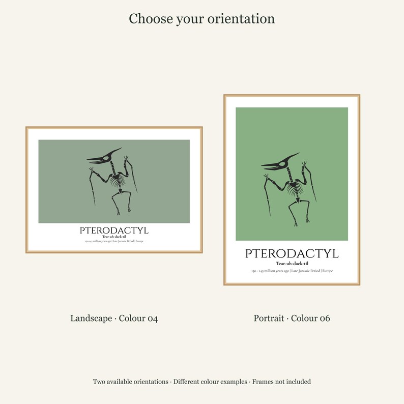 Puede incluir: Dos l&aacute;minas enmarcadas con una ilustraci&oacute;n de un esqueleto de pterod&aacute;ctilo negro sobre fondo verde salvia. El texto dice PTERODACTYL, Tear-uh-dack-til, y 150-145 million years ago | Late Jurassic Period | Europe. Paisaje y retrato.