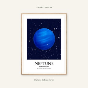 Puede incluir: Una l&aacute;mina de pared enmarcada con un fondo espacial azul oscuro, el planeta Neptuno en azul, estrellas peque&ntilde;as y lunas. El texto dice GIGGLE BRIGHT, NEPTUNE, Ice Giant Planet, 30 AU from the Sun | 16 Moons y Neptune - Unframed print.
