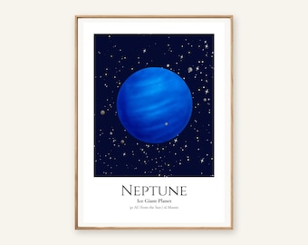 Neptune Planet Print, Solar System Nursery Wall Art, A4 or A3 Unframed