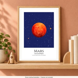 Mars Planet Print, Solar System Nursery Wall Art, A4 or A3 Unframed image 2