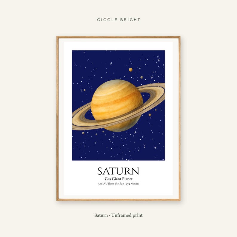 Saturn Planet Print, Solar System Nursery Wall Art, A4 or A3 Unframed image 1