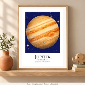 May include: A framed wall art print featuring a detailed illustration of the planet Jupiter against a dark blue starry background. The text reads JUPITER, Gas Giant Planet, 5.20 AU from the Sun | 97 Moons. The planet displays orange and white bands.