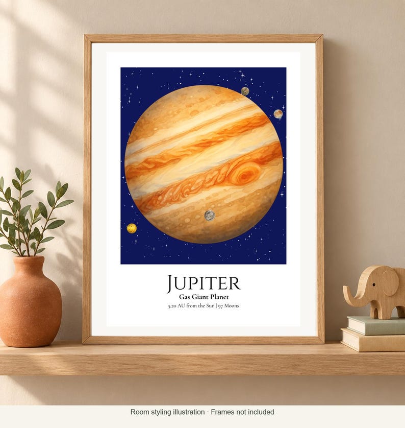 May include: A framed wall art print featuring a detailed illustration of the planet Jupiter against a dark blue starry background. The text reads JUPITER, Gas Giant Planet, 5.20 AU from the Sun | 97 Moons. The planet displays orange and white bands.