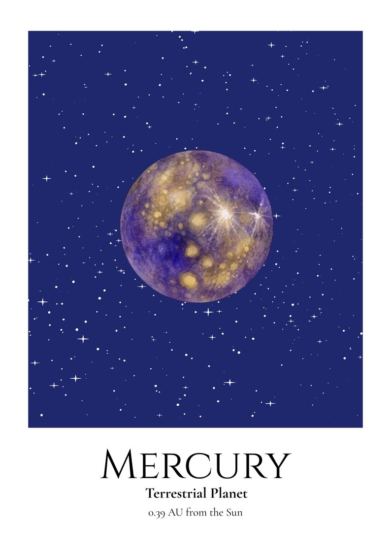 Mercury Planet Print, Solar System Nursery Wall Art, A4 or A3 Unframed afbeelding 3