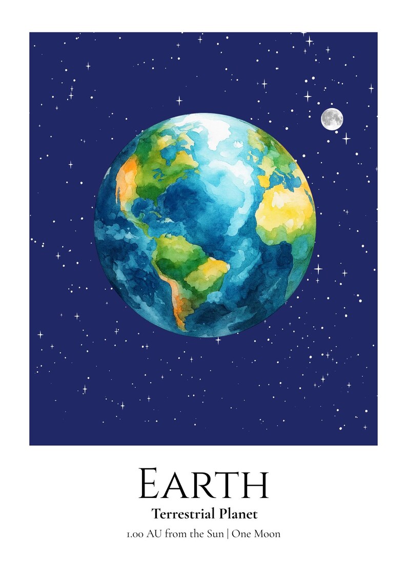 Earth Planet Print, Solar System Nursery Wall Art, A4 or A3 Unframed afbeelding 3