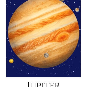 May include: A poster featuring the planet Jupiter with its characteristic orange and white bands and Great Red Spot against a dark blue starry background. Text reads: JUPITER, Gas Giant Planet, 5.20 AU from the Sun | 97 Moons.