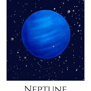 Puede incluir: Un p&oacute;ster que muestra el vibrante planeta azul Neptuno contra un cielo oscuro estrellado con varias lunas peque&ntilde;as grises. Debajo del planeta, el texto dice: NEPTUNE, Ice Giant Planet, 30 AU from the Sun | 16 Moons, sobre fondo blanco.