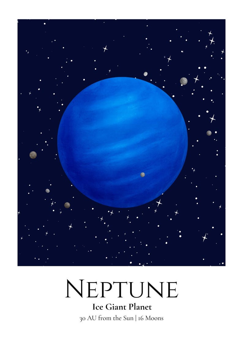 Puede incluir: Un p&oacute;ster que muestra el vibrante planeta azul Neptuno contra un cielo oscuro estrellado con varias lunas peque&ntilde;as grises. Debajo del planeta, el texto dice: NEPTUNE, Ice Giant Planet, 30 AU from the Sun | 16 Moons, sobre fondo blanco.