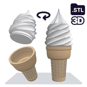 Puede incluir: Modelo 3D de un cono de helado de crema. La imagen muestra el cono en tres partes: el remolino de helado, el cono y el cono ensamblado. El helado es blanco y el cono es marrón. La imagen incluye el texto ".STL 3D".