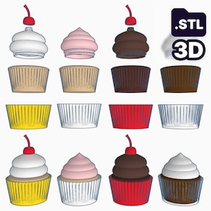 Puede incluir: Una representación 3D de componentes de cupcakes, que incluyen glaseado, moldes y cerezas. La imagen muestra varios diseños de cupcakes con glaseado blanco, rosa y chocolate, y moldes amarillos, marrones, rojos y transparentes. El texto ".STL 3D" está en la esquina superior derecha.