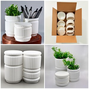 May include: A set of white cylindrical containers featuring a vertical ribbed texture and a decorative beaded band around the center and top edges. These versatile vessels are shown as planters with green foliage, pen holders, and stacked in a shipping box.
