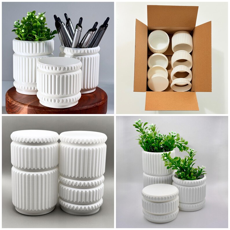 May include: A set of white cylindrical containers featuring a vertical ribbed texture and a decorative beaded band around the center and top edges. These versatile vessels are shown as planters with green foliage, pen holders, and stacked in a shipping box.