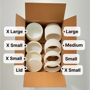 May include: A cardboard box containing white, ribbed, cylindrical containers of various sizes. Labels indicate sizes: X Large, Large, X Small, Medium, X Small, Small, Lid, and X Small. The containers have vertical ridges along their exterior walls.