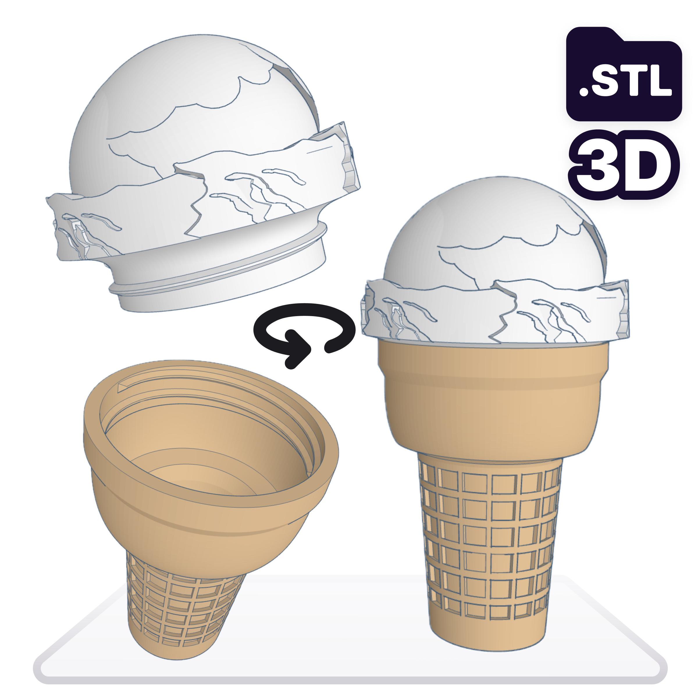 Realistic ice cream cone scoop 3D printer STL file modular design