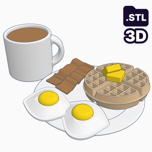 Op de afbeelding: Een 3D-geëngageerde ontbijtscene met een witte mok gevuld met bruine vloeistof, een bord met twee gebakken eieren, spekstrips, een wafel met gele boter en een wit bord. De afbeelding bevat de tekst ".STL 3D".