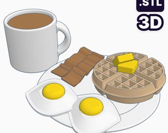 3Dプリント可能な朝食セット - 9つのSTLファイル - ミニチュア - コーヒーマグ、卵、ワッフル、プレート、ベーコン