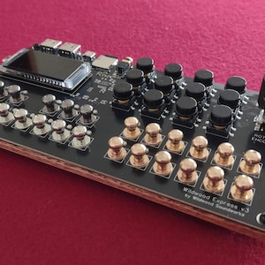 May include: A black electronic circuit board controller labeled Wildwood Express v3 by Wildwood Soundworks. It features a rectangular display, a large black rotary encoder knob, multiple silver and gold-toned metal buttons, and black push buttons.