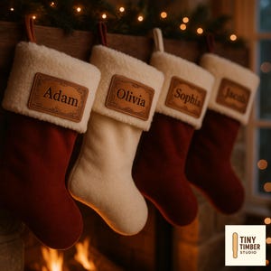 Custom Leather Engraved Patches for Christmas Stockings | Personalized Holiday Stocking Tags | Heat Press Self Adhesive