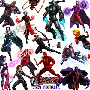 May include: A collection of Marvel Avengers characters in action poses. The image features characters like Iron Man, Captain Marvel, and Magneto, with the Avengers logo and "313 Bundle" text. The characters are in vibrant colors.