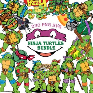 May include: A digital bundle featuring illustrations of the Teenage Mutant Ninja Turtles. The image includes various action poses of the turtles, along with pizza and ninja weapons. Text reads "230 PNG SVG" and "NINJA TURTLES BUNDLE".