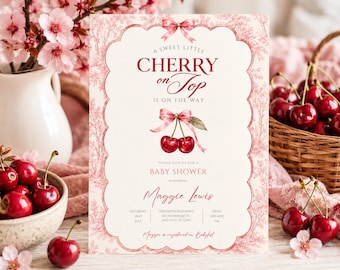 Cherry On Top Baby Shower Invitation, Coquette Pink Toile Bow Invite (Digital Download)