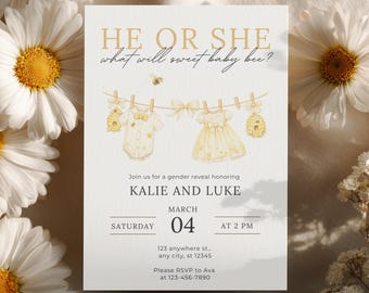 Was wird Baby Biene Geschlecht offenbaren Einladung, süß wie kann Bee Bee Thema einladen, bearbeitbare Canva Geschlecht offenbaren einladen, 5 x 7 Printable & Mobile