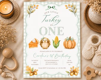 Invitation pour le premier anniversaire de votre petite dinde, modèle pour une fête de Thanksgiving (téléchargement numérique)