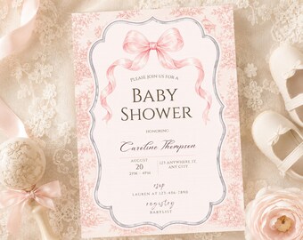 Modèle d'invitation pour baby shower sur toile rose, motif nœud champêtre français (Téléchargement numérique)