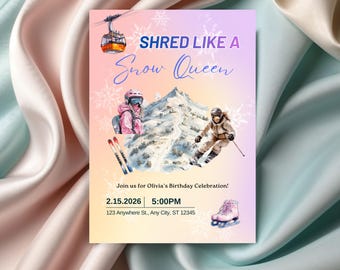 Invitación "Deslízate como una reina de las nieves" / Invitación para fiesta de cumpleaños de niña con temática de snowboard / Tema: Deportes de invierno / Plantilla digital editable en Canva