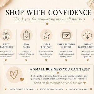 May include: A beige informational graphic titled SHOP WITH CONFIDENCE featuring five circular icons representing Etsy Star Seller, 700+ sales, 5-star reviews, fast support, and instant digital download, with a bottom section stating A SMALL BUSINESS YOU CAN TRUST.