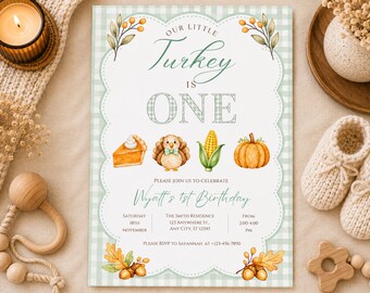 Invitation pour le premier anniversaire de Little Turkey, fête d'automne et de Thanksgiving pour garçon (Téléchargement numérique)