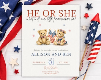 Patriotic Gender Reveal Invitation, 4th of July Baby Reveal Invite, Firecracker Gender Reveal, Teddy Bear Invite, Editable Canva Template