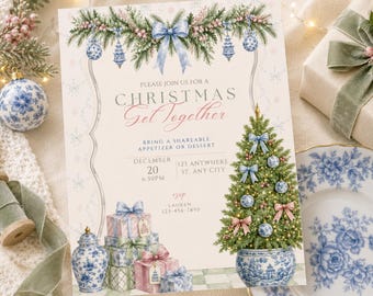 May include: A Christmas party invitation card featuring a festive illustration of a decorated tree in a blue and white porcelain pot, stacked gifts, and a garland with blue bows. The text reads: Please join us for a Christmas Get Together.