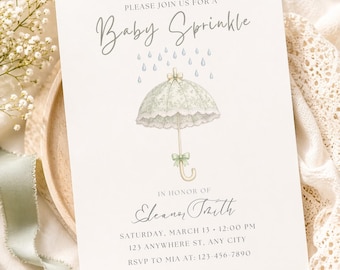 Faire-part bébé saupoudrer, invitation baby shower parapluie vert sauge, toile neutre aquarelle saupoudrer invitation, modèle modifiable